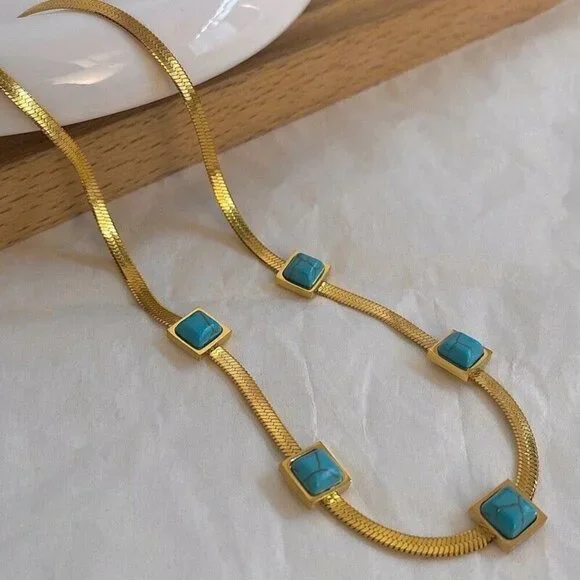 18K Gold Plated herringbone Turquoise Necklace Set Stainless Steel jewelry - Picture 8 of 9
